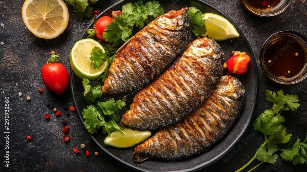 Poster an overhead shot of deep-fried fish fillets arranged neatly on a plate, drizzled with fish sauce and