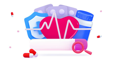 3d medicine concept Medical and pharmacy plasticine elements Pills and drugs, heart with pulse line Search Cardiology