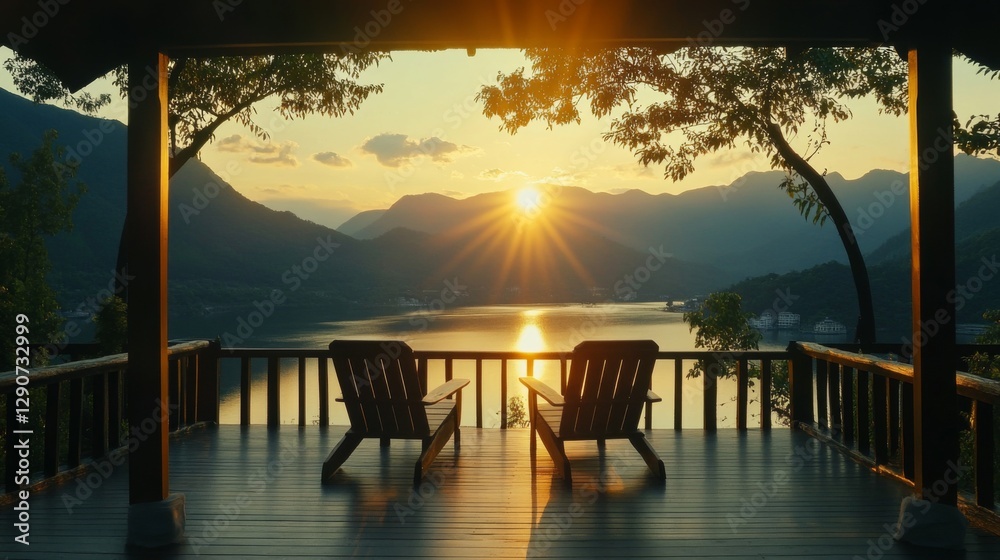 Poster a beautiful sunrise over a mountain landscape viewed from a quiet meditation area, creating a serene