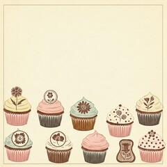 Vintage Cupcake Illustration with Decorative Floral Designs on Cream Background - Perfect for Invitations and Baking Themes