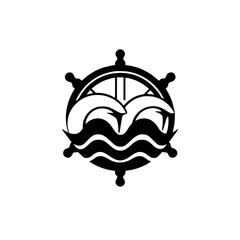 A black and white nautical logo featuring a ship's wheel with two dolphins jumping from waves.