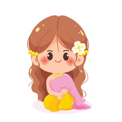 Cute Thai Girl in Traditional Dress Sitting Pose Cartoon Illustration