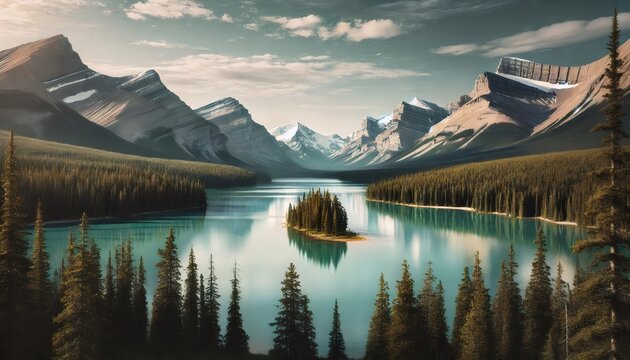 Spirit island reflecting in maligne lake at sunrise, jasper national park, canadian rockies, alberta, canada