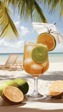 Bright tropical rum punch cocktail in a tiki glass with fruit garnishes on a sunny Caribbean beach with palm trees