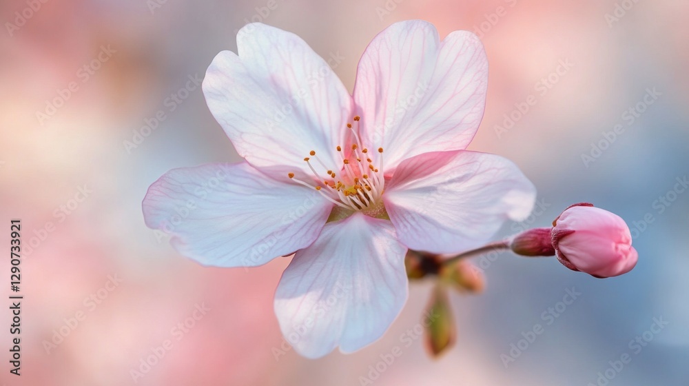 Poster a close-up of a single cherry blossom flower with intricate details, showcasing its soft pink hue an