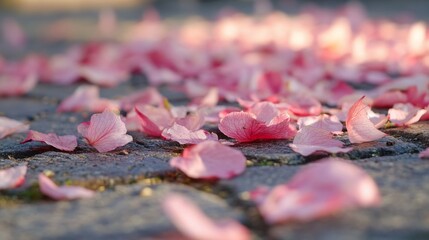 A close-up of cherry blossom petals falling gently to the ground, creating a soft carpet of pink, emphasizing the fleeting beauty of the spring season