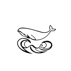 Simple Line Art Illustration of a Whale Above Waves, Black and White Minimalist Design.