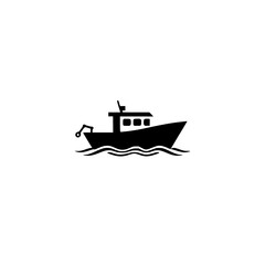 Silhouette of a black boat sailing on water over a white background.