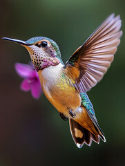 Fototapeta premium Hummingbird in flight near pink flower during daylight