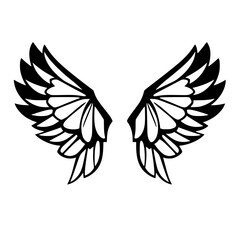 Black and white graphic illustration of symmetrical, stylized angel wings against a stark white background.