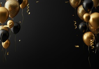 Elegant black and gold balloons frame against dark background with confetti