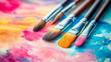 Obraz premium A close-up of paintbrushes and watercolor paints beside a beautifully colored artwork, capturing the transition from drawing to vibrant coloring