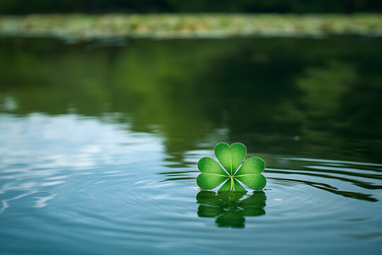 A shimmering green shamrock floating gracefully on the surface of a calm lake.