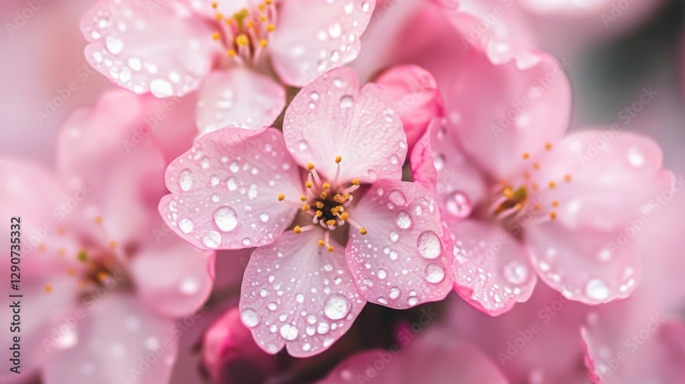 Aufkleber a close-up shot of cherry blossoms with dew droplets glistening on the petals, highlighting the intr