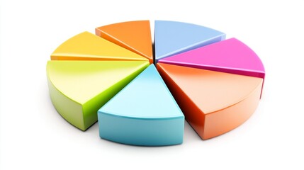 Obraz premium A colorful D pie chart with segmented sections in vibrant shades, each piece slightly raised, casting soft shadows on a white background