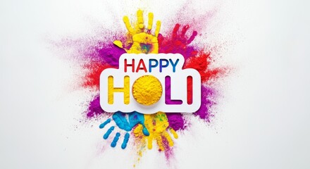 Colorful Holi festival greeting with handprints and vibrant powder bursts