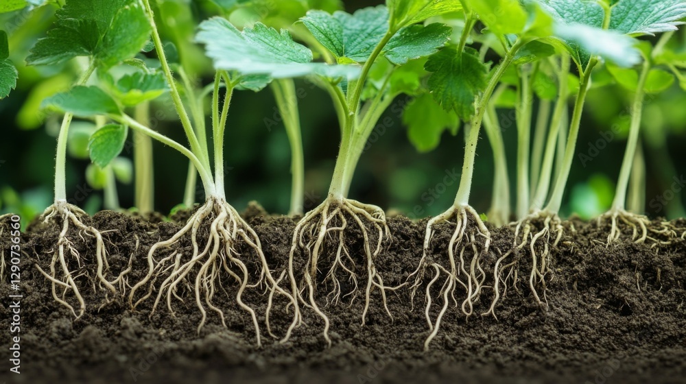 Poster a detailed image of the intricate roots of strawberry plants emerging from the soil, showcasing the 