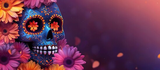 Ivory skull decorated with intricate floral patterns and vibrant red flowers against a dark background