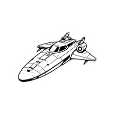 Futuristic illustration of a sleek, sci-fi spaceship with a streamlined design, set against a clean white background.