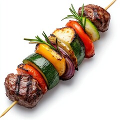 A single, detailed Greek souvlaki skewer, on a pure white background, highlighting its natural imperfections with professional studio lighting, featuring grilled meat and vegetables.