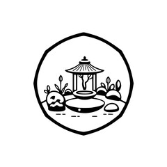 Simple Japanese Garden Scene Within an Oval Frame.