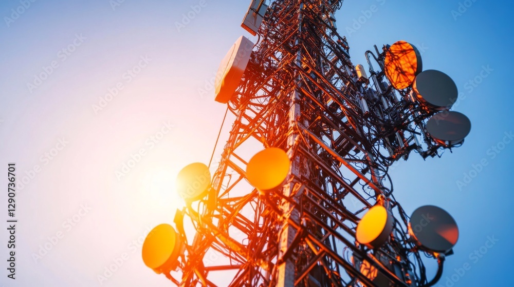 Poster a detailed shot of antennas on a telecommunications tower, with intricate wiring visible against the