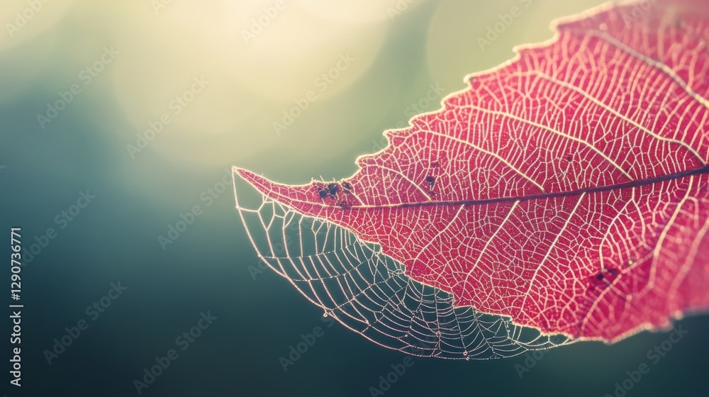 Poster a detailed shot of a leaf with spider webs woven among its veins, featuring tiny insects caught in t