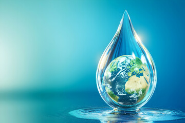 Obraz premium A sleek water droplet with a miniature Earth inside, placed against a futuristic blue background.