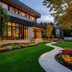 Modern home exterior with landscaped garden walkway at dusk