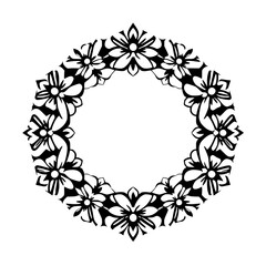Black and white floral wreath design, featuring a symmetrical arrangement, highlighting negative space.