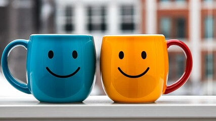 Two cups with smiling faces on them. The blue cup has a smile that is slightly more open than the yellow cup
