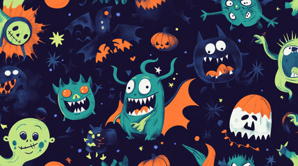 Colorful zombie scary cartoon halloween magic people body green character seamless pattern background part monsters vector illustration.