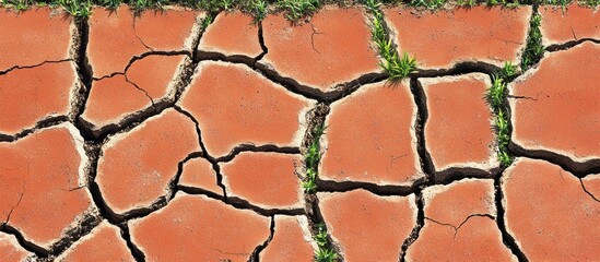 Dry cracked earth, plants growing, drought.  Environmental impact