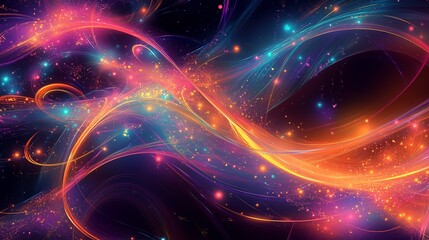 A vibrant dance of cosmic light, where swirling energy meets stardust in a celestial ballet of color and form, evoking wonder and awe.