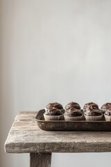 Chocolate cupcakes with cream cheese frosting on rustic background