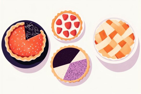 Colorful assortment of delicious desserts displayed on a white backdrop featuring various pie styles and flavors - Powered by Adobe