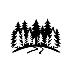 Obraz premium Black and white silhouette illustration depicting a forest with tall trees and a winding road.