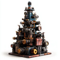 Fototapeta premium A single, detailed oil well Christmas tree assembly, on a pure white background, highlighting its natural imperfections with professional studio lighting, displaying its intricate valve system.