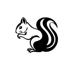 Squirrel in black and white, with its curved tail.