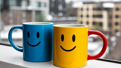 Two cups with smiling faces on them. One is blue and the other is yellow. They are sitting on a window sill