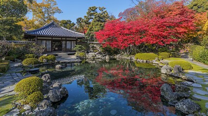 Japanese Garden Autumn Pond Reflection Red Leaves