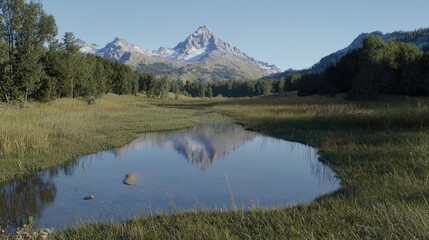 Majestic mountain reflected in tranquil valley pond; serene landscape