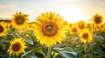 Naklejka premium A dynamic photograph capturing the movement of sunflowers turning towards the sun, with rows of plants stretching into the distance, symbolizing growth and vitality