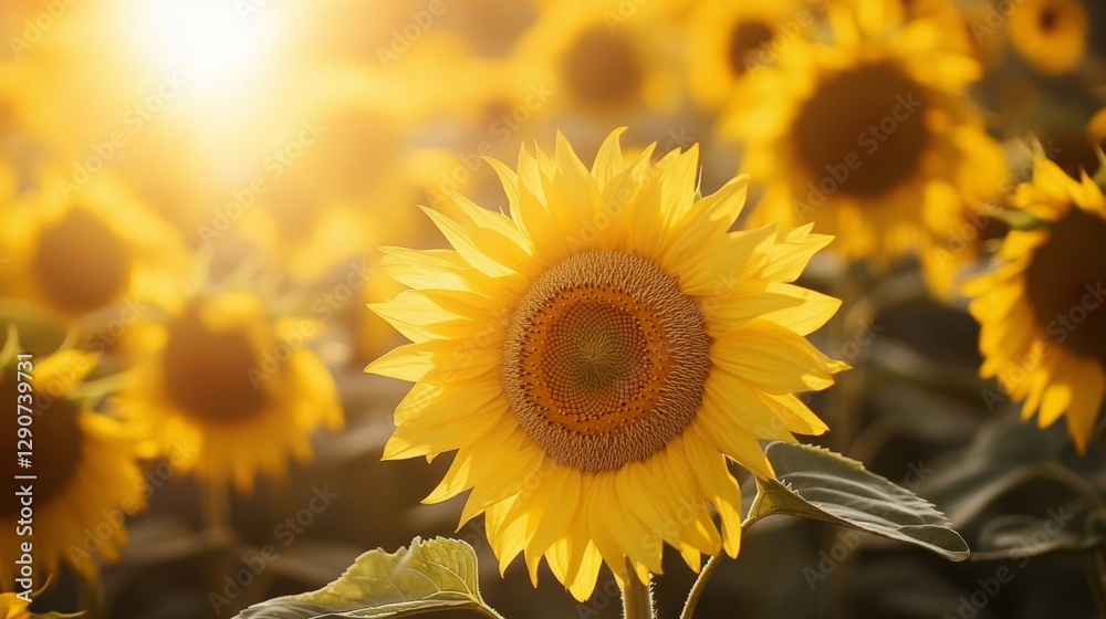 Poster a dynamic photograph capturing the movement of sunflowers turning towards the sun, with rows of plan