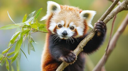 Naklejka premium AI Generate A Baby Red Panda Playfully Climbing Branches