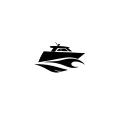 Minimalist, black and white depiction of a sleek boat moving across wavy water