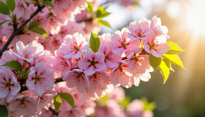 Obraz premium A close-up of delicate pink cherry blossoms on a tree branch, capturing the beauty of spring in full bloom.