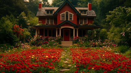 Idyllic Home and Garden Dream: A two-story red house with a charming yard of red and yellow flowers nestled in lush greenery, a peaceful retreat