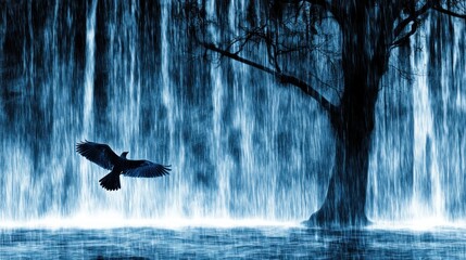 Fototapeta premium Bird flying near waterfall, tree, serene nature scene