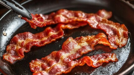 A focused shot of bacon being flipped with tongs in a frying pan, capturing the action and sizzling sound, evoking the excitement of cooking breakfast